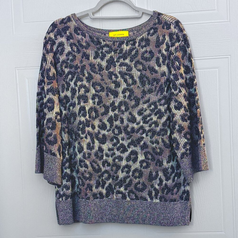St. John Metallic Thread Leopard Print Black/Brown Knit Sweater Size M